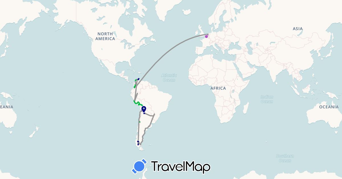 TravelMap itinerary: driving, bus, plane, train, hiking, boat in Argentina, Bolivia, Chile, Colombia, France, Netherlands, Peru (Europe, South America)